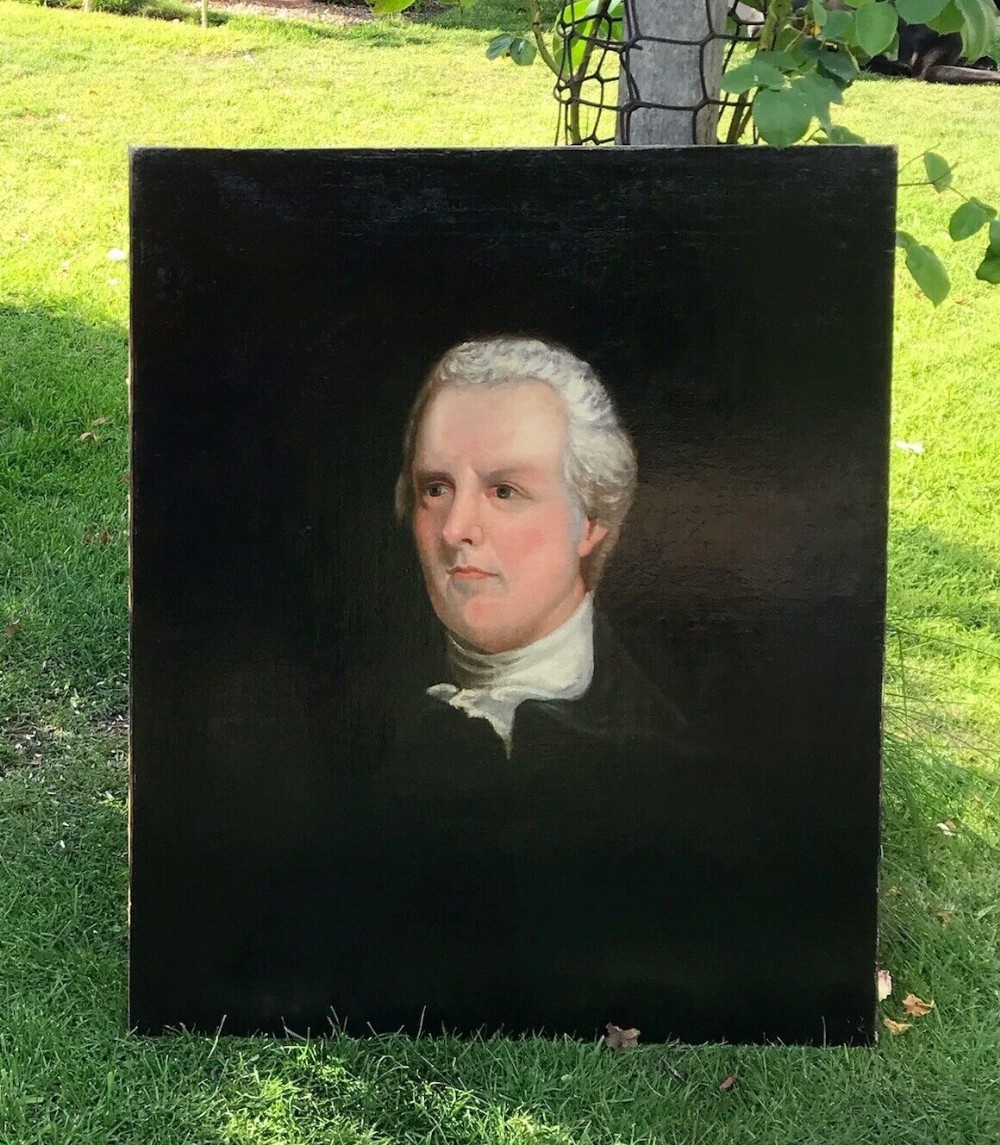 Original 19th Century Antique Oil Painting on Canvas Stretcher Portrait of William Pitt the Younger wearing a white Cravat
