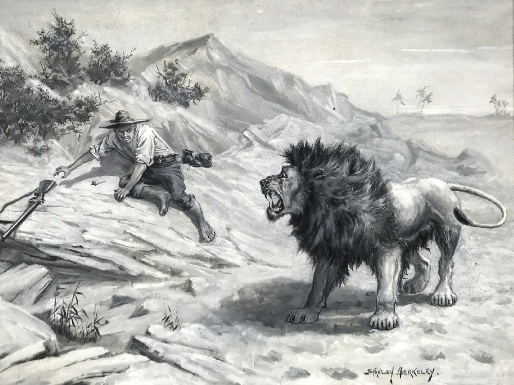 Stanley Berkeley RA Original 19th Century 1889 Antique  Watercolour Painting  'Africa Lion adventure' 