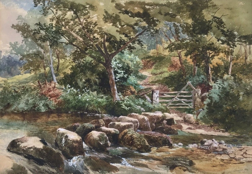 J Jackson Curnock RCA 1864 Original 19th Century Antique Watercolour Painting Near Chagford Devon English River Landscape