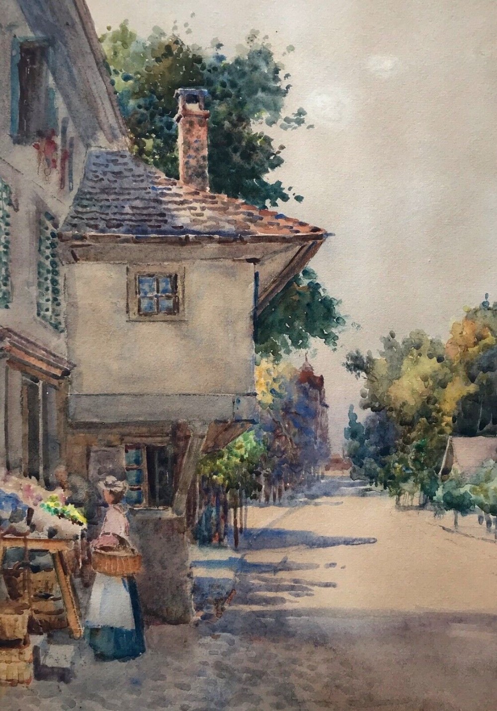 Arthur Netherwood Original Antique Watercolour Painting Village Street Landscape with Figure Holding a Basket