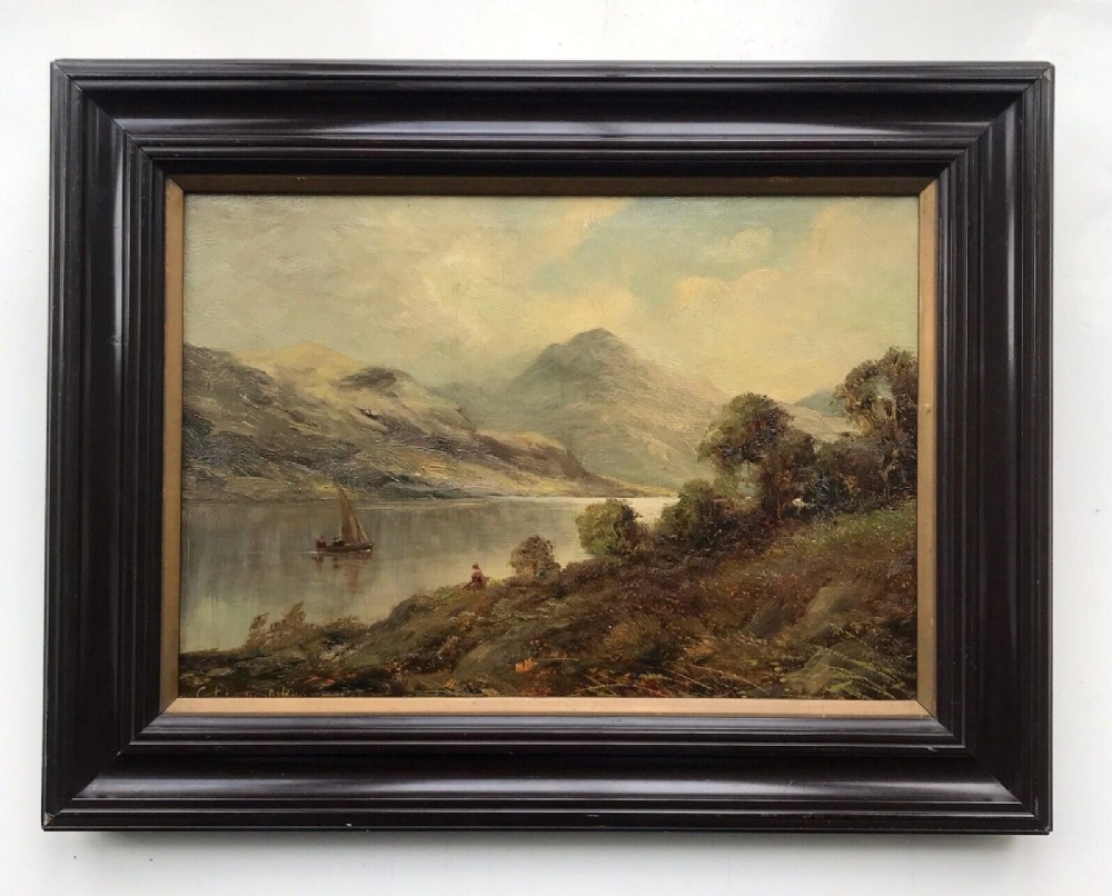 Indistinctly Signed C Lyons Aiken Original 19th Century Antique Oil Painting on Canvas Loch Tay Scotland Scottish Landscape