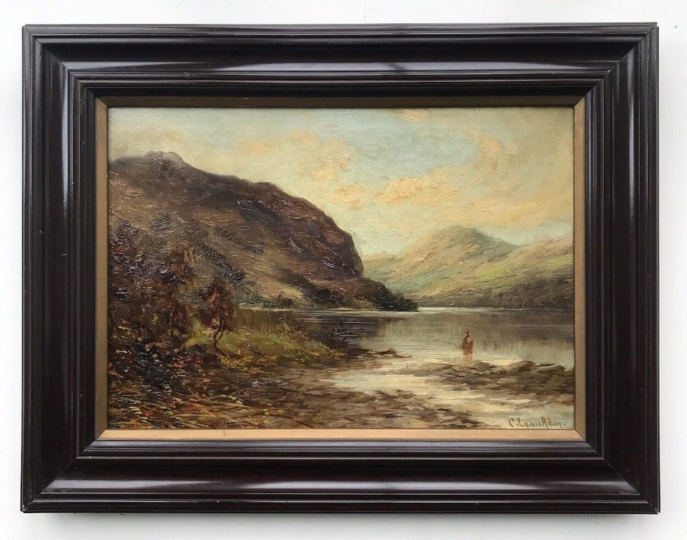 Signed C Lyons Aiken Original 19th Century Antique Oil Painting on Canvas Loch Lubnaig Scotland, Scottish Landscape with Fisherman