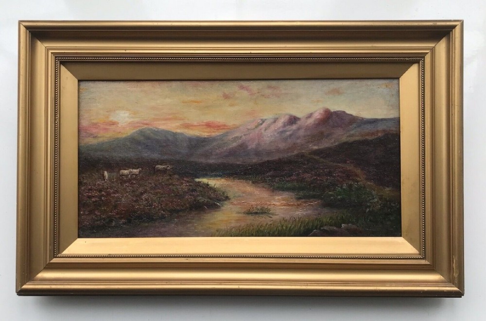 Original 19th Century Antique Oil on Canvas Landscape Painting Sheep in Scottish Highland