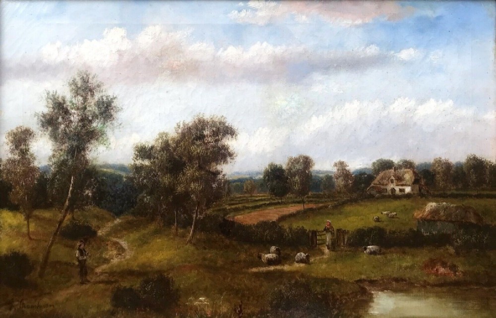 G Thompson Signed Original Antique Oil Painting on Canvas Figures & Sheep English Landscape