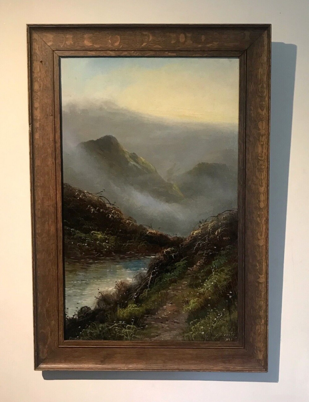 J Silvester 1920 Signed Original Antique Oil Painting Misty Highland Landscape