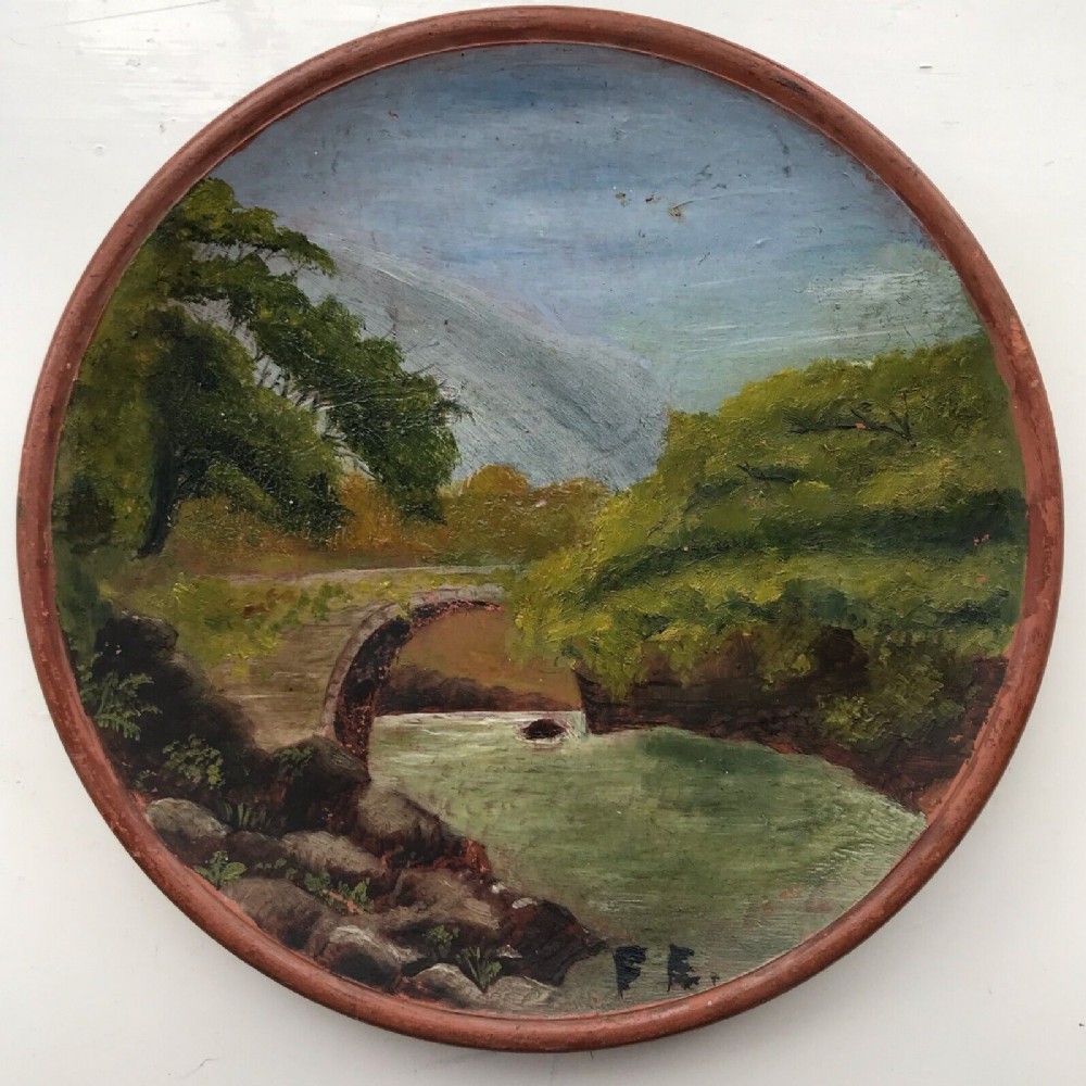 Fred Elwell RA Original Late 19th Century Antique Monogrammed Oil Painting on small Terracotta Plate, Landscape with River and Stone Bridge
