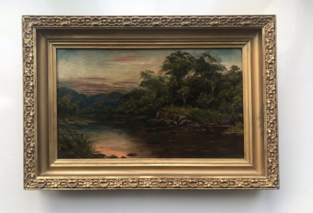 Original Late 19th Century Antique Oil Painting on Canvas Sunset River Distant Mountains Scottish Landscape