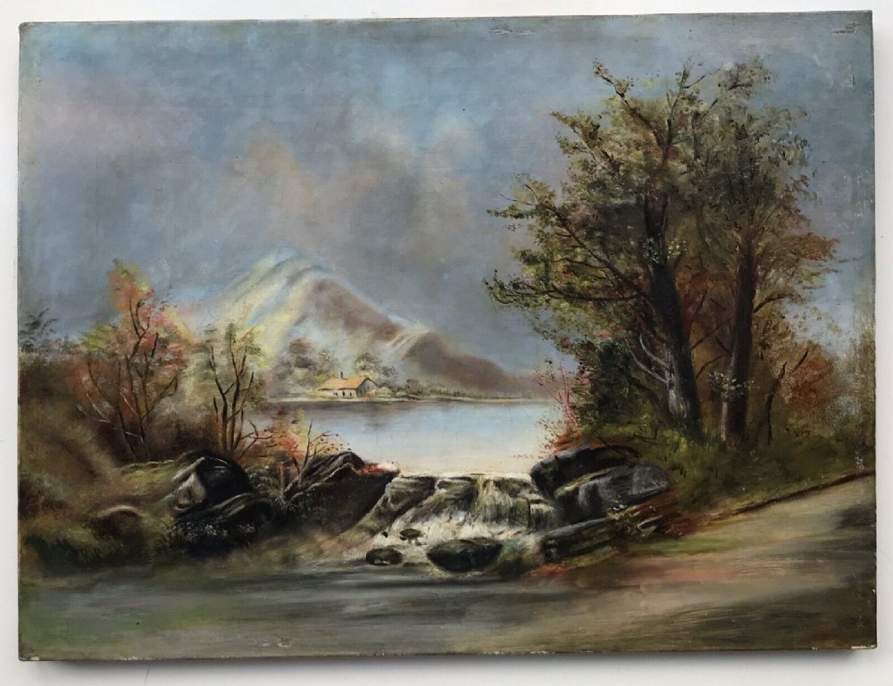 Original Early 20th Century Antique Oil Painting on Canvas Lake & Mountain Landscape
