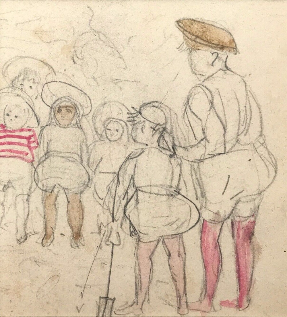 Antique Victorian Original Watercolour & Pencil Miniature Drawing Sketch Painting Figures at the Seaside