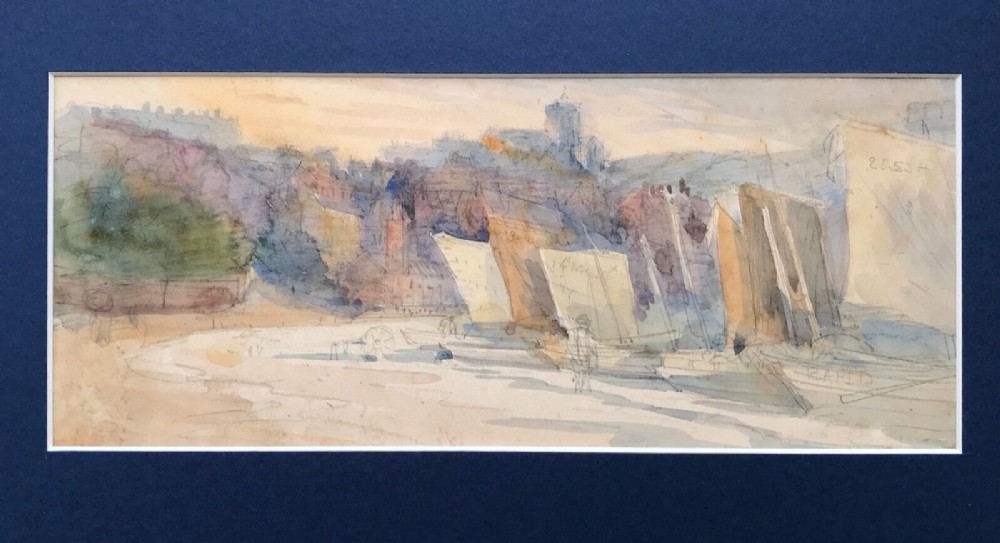 Original Victorian Antique Watercolour Painting Sketch Drawing of Scarborough Bay with Boats Yorkshire Coast Landscape