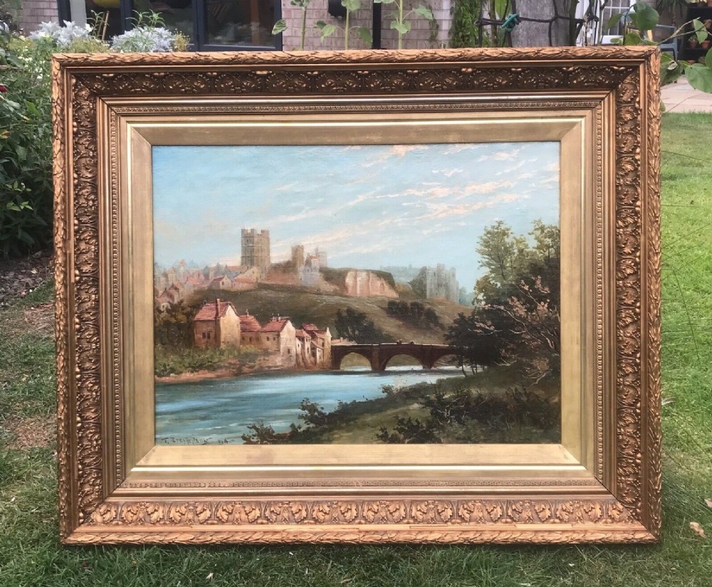 T Stephenson Signed Original 19th Century Antique Oil Painting on Canvas Richmond Castle & River Swale Yorkshire Landscape