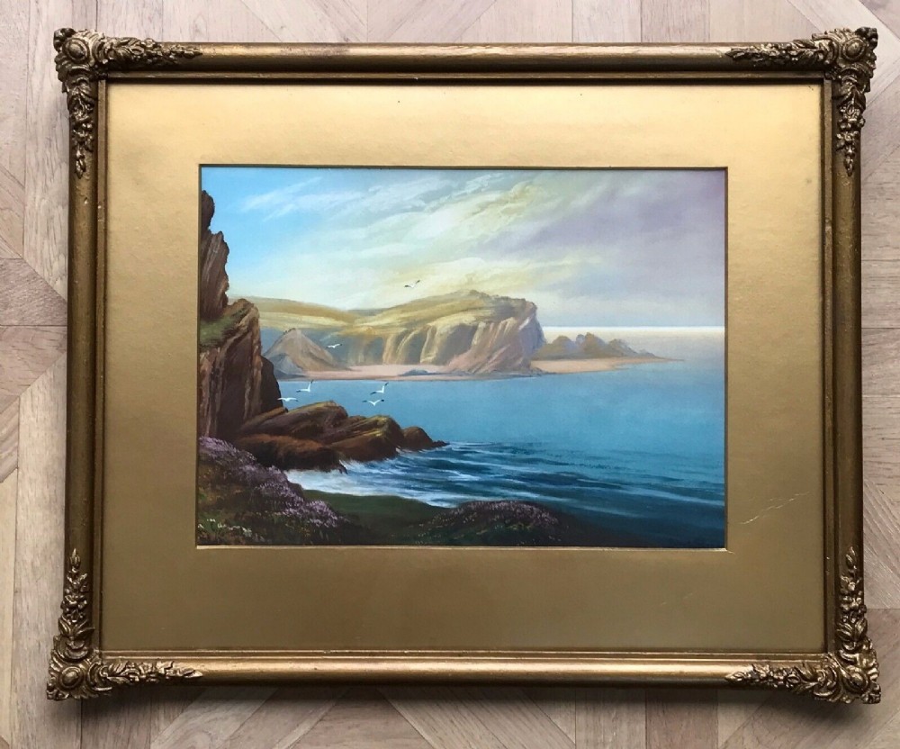 Roland Stead Signed Framed Original mid 20th Century Gouache Painting Goodrington Coast near Torquay English Seascape