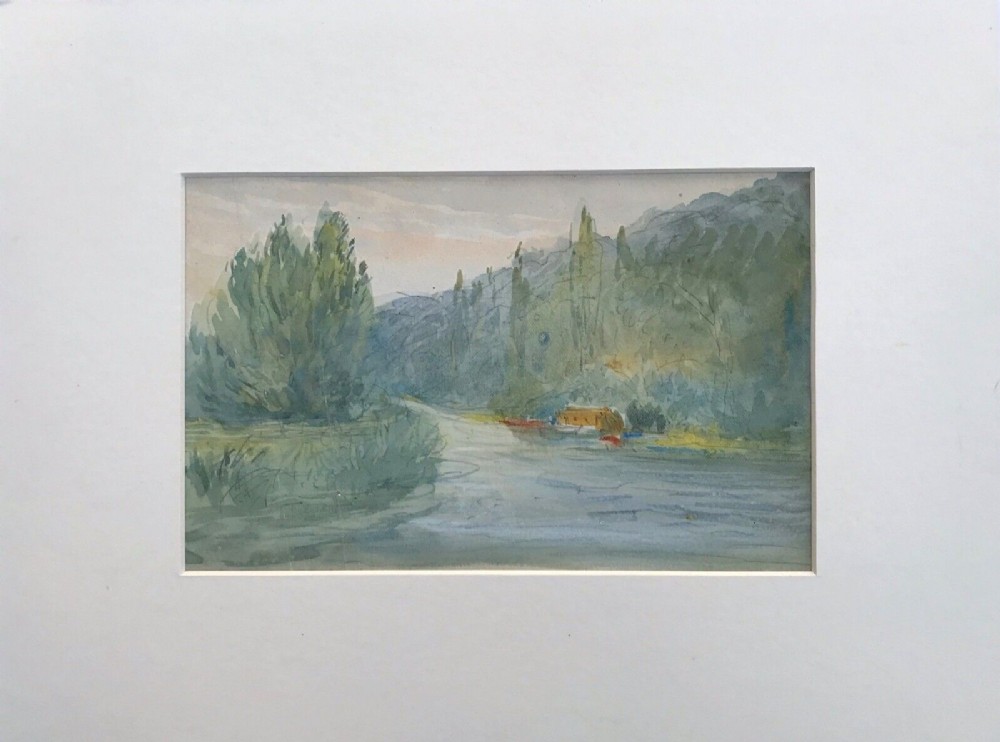 Antique Victorian Dated 1884 Original Watercolour Painting Sketch River Boats & Trees English Landscape