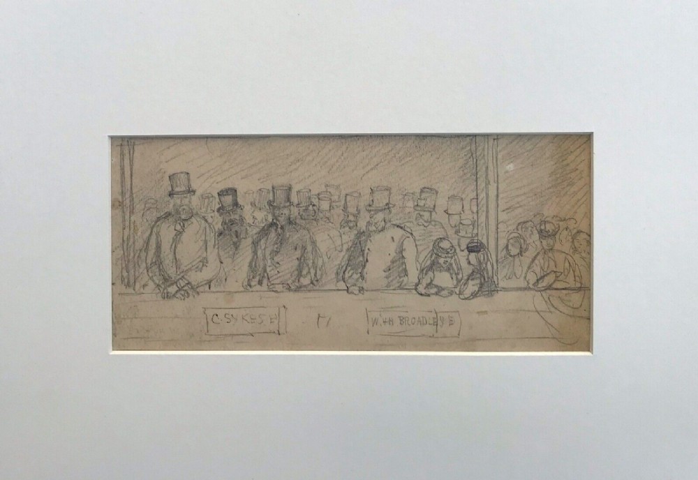 Original 19th Century Antique Pencil Sketch of a Victorian Crowd, possibly Race Horse Meeting Gentlemen in Top Hats