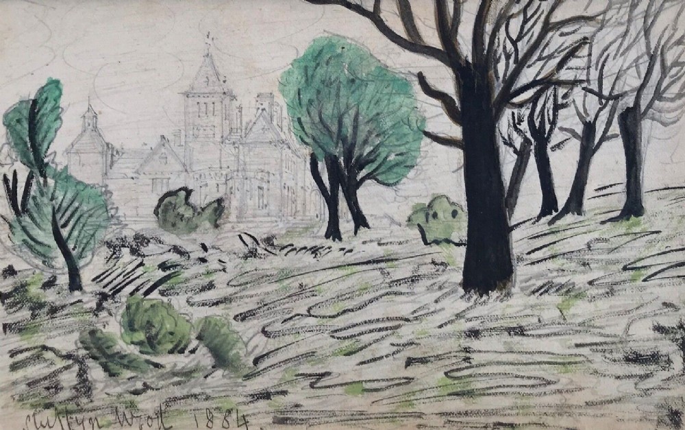 Original 19th Century Antique English Watercolour Painting Stuffynwood Hall, Shirebrook, Derbyshire Dated 1884
