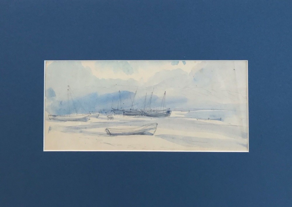 Original Victorian Antique Watercolour Sketch Painting Beach Scene with Boats & Figures English Seascape