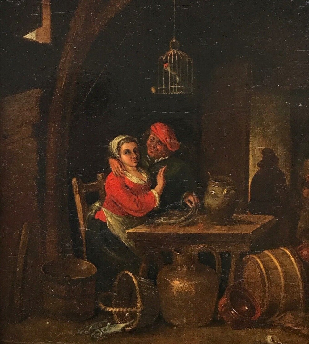 Dutch School Indistinctly Signed Original Early 19th Century Antique Oil Painting Canvas laid on Wood Panel Figures in a Tavern