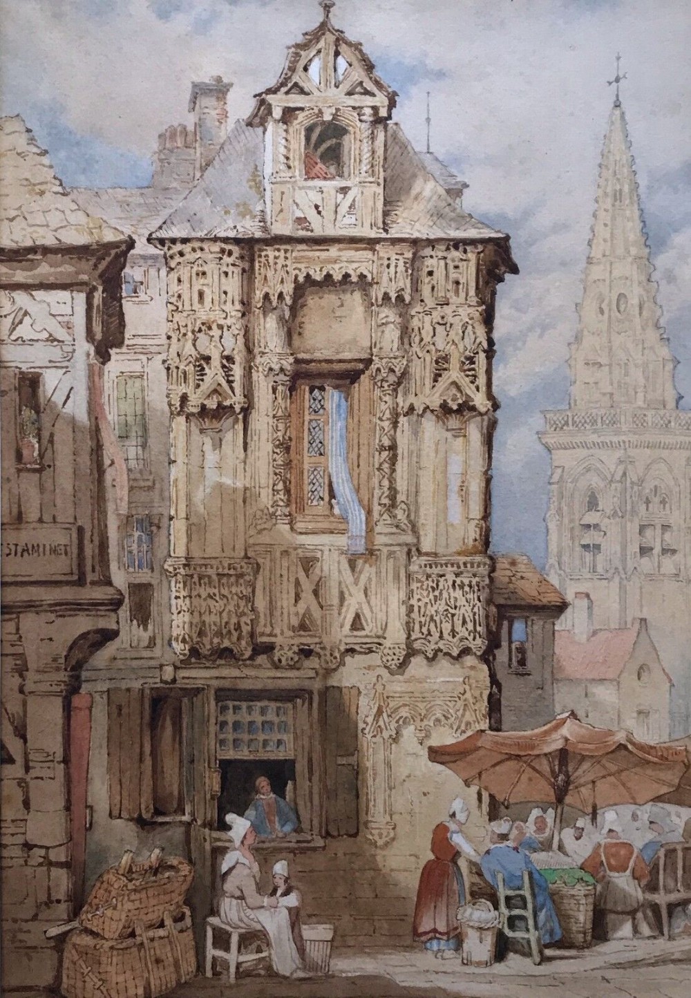 Circle of Prout Original Early 19th Century Antique Watercolour Painting French Belgium Market Place Continental Townscape