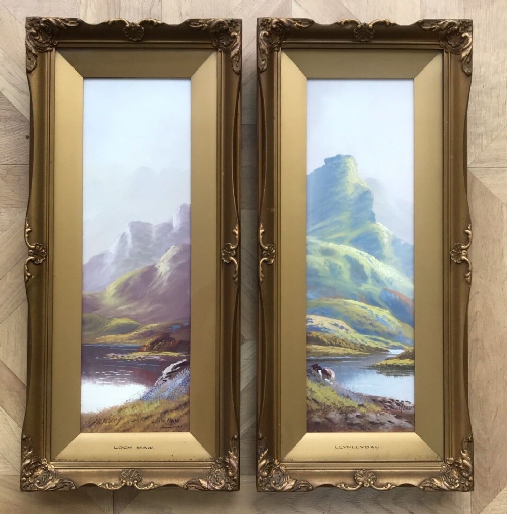 Two Indistinctly Signed Antique Scottish School Watercolour Gouache Paintings of Loch Maw & Llynlldau Scotland Landscapes