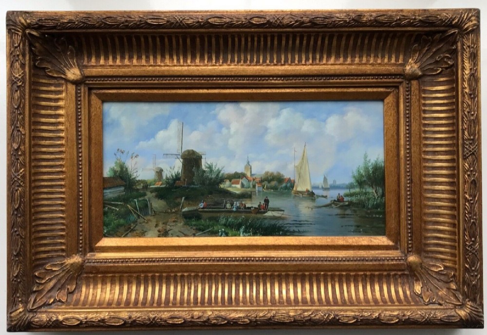  Original 20th Century Oil Painting on Panel Dutch River View Windmill Boats & Figures in a Summer Landscape with Substantial Heavy Frame