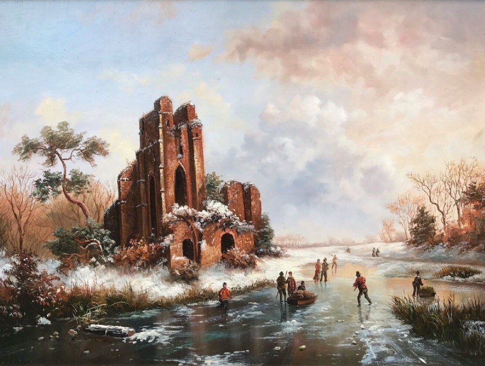 Original 20th Century Oil Painting on Panel Dutch River Scene Castle with Figures Skating in Winter Landscape