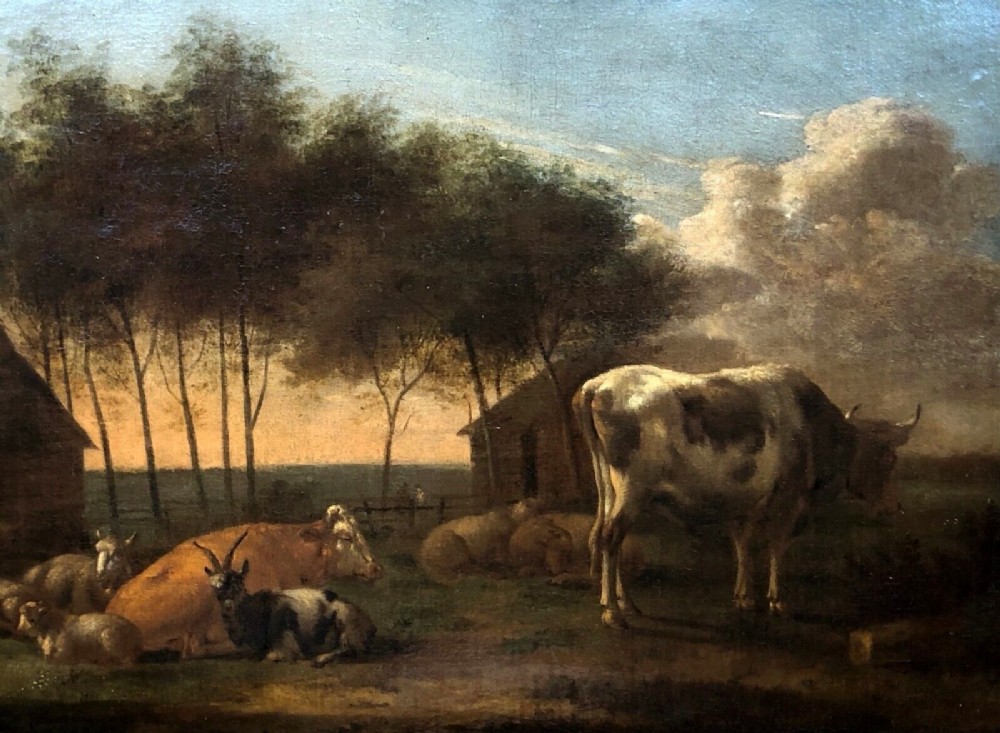 Jacob van der Does (Circle of) Original 17th Century Antique Dutch Oil on Canvas Painting Cattle Sheep & Farm Buildings