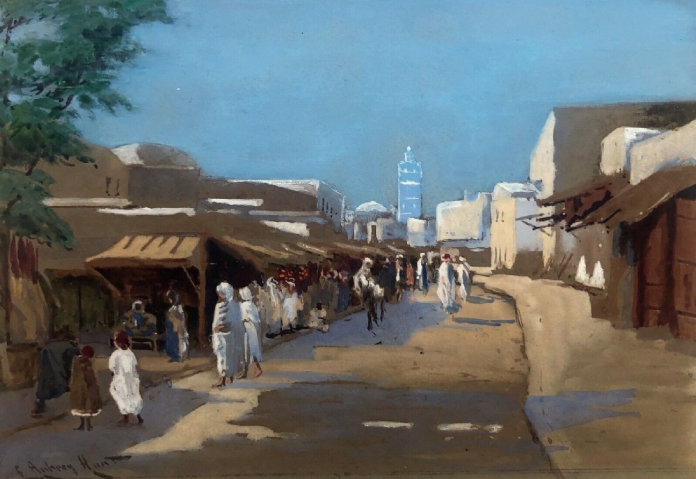 Edmund Aubrey Hunt Signed Original Antique Watercolour Gouache Painting Middle Eastern Market Street View Landscape