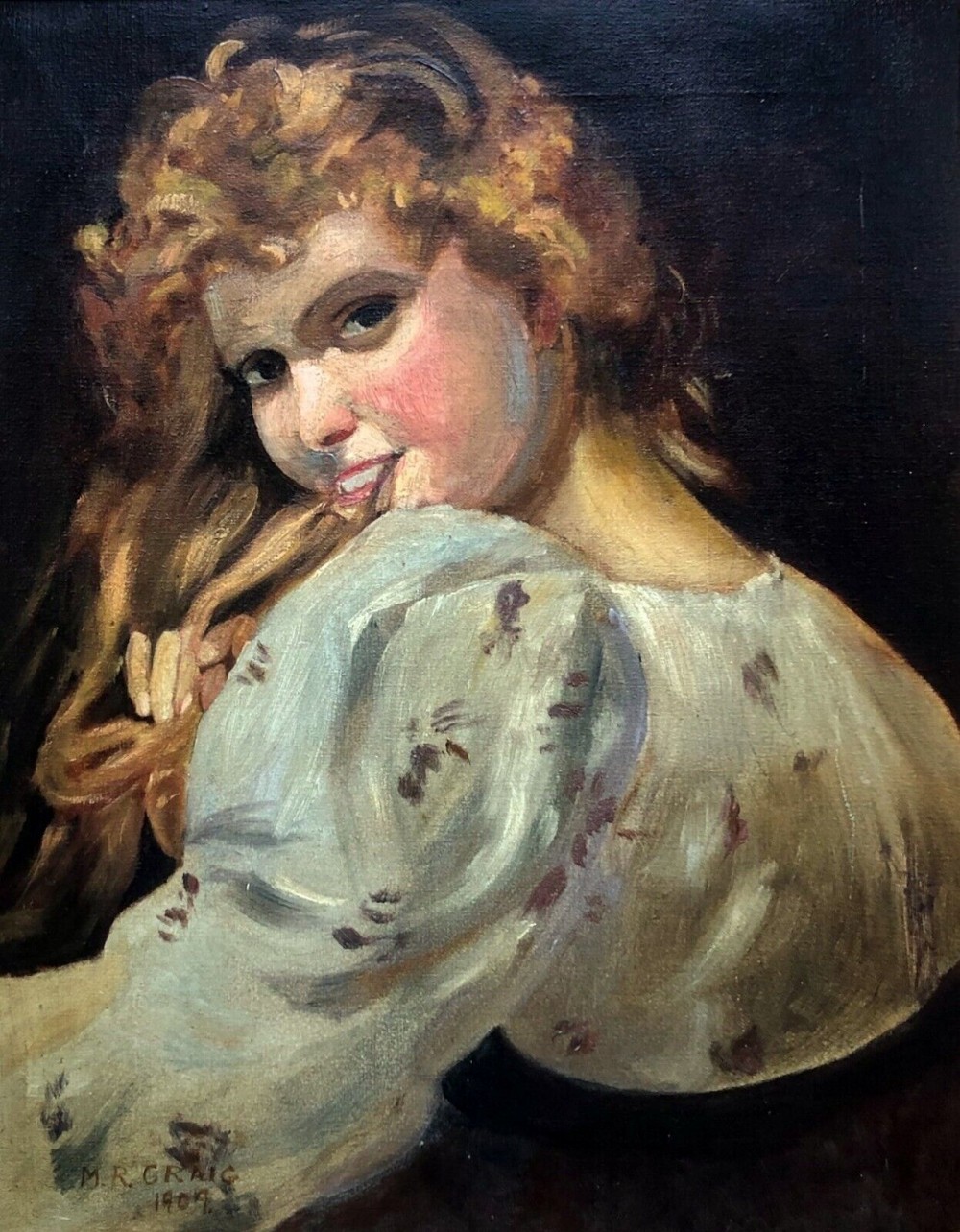 Original Signed M R Craig 1909 Antique English Oil Painting on Canvas Vintage Framed Portrait of a Young Lady Playing with her Hair
