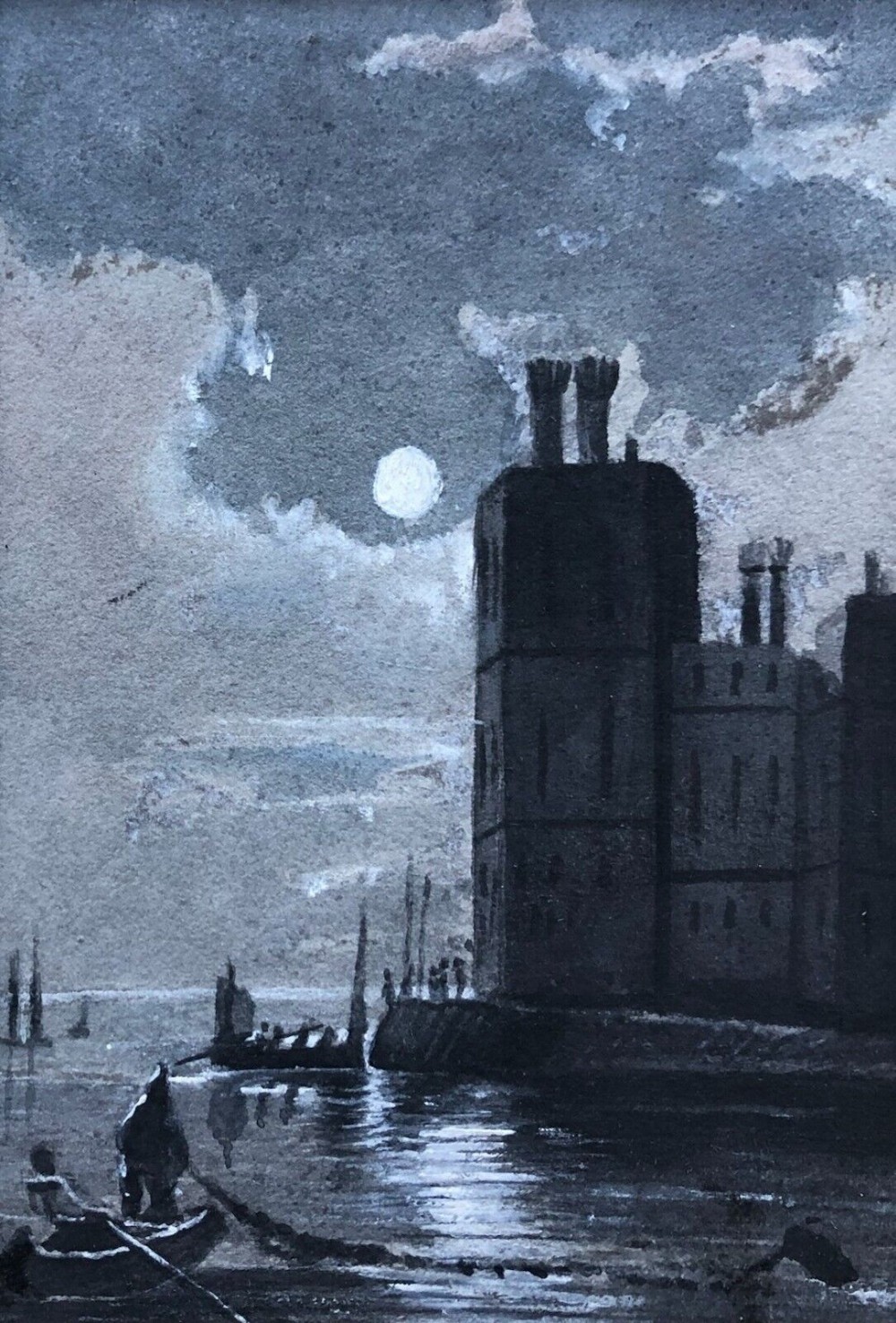 Original late 19th Century Antique Watercolour Painting Moonlight Castle Boat Figure Coastal Scene