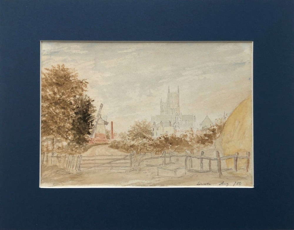 Original 1856 Antique 19th Century Watercolour Painting Historical View of Lincoln Cathedral English Landscape