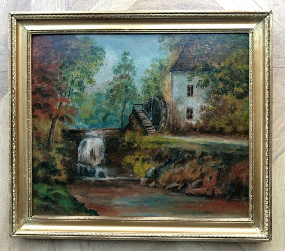 Original Early 20th Century Monogrammed Antique Framed Oil Painting on Card Rigg Mill near Whitby Yorkshire English Landscape