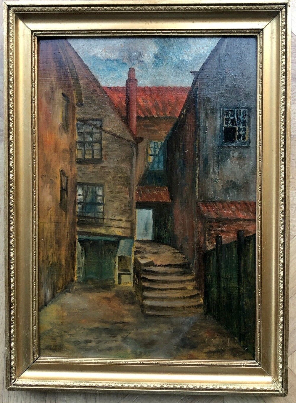 Original early 20th Century English Framed Oil Painting on Card Street Scene Landscape Arguments Yard, Whitby Yorkshire Coast