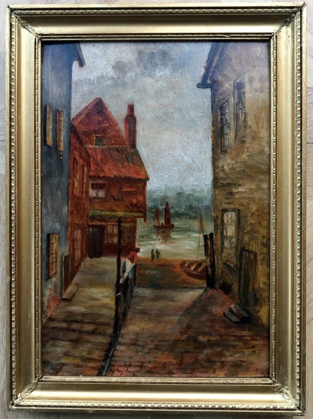 Original early 20th Century English Vintage Framed Oil Painting on Card Tin Gaunt Whitby Yorkshire Street Scene Landscape