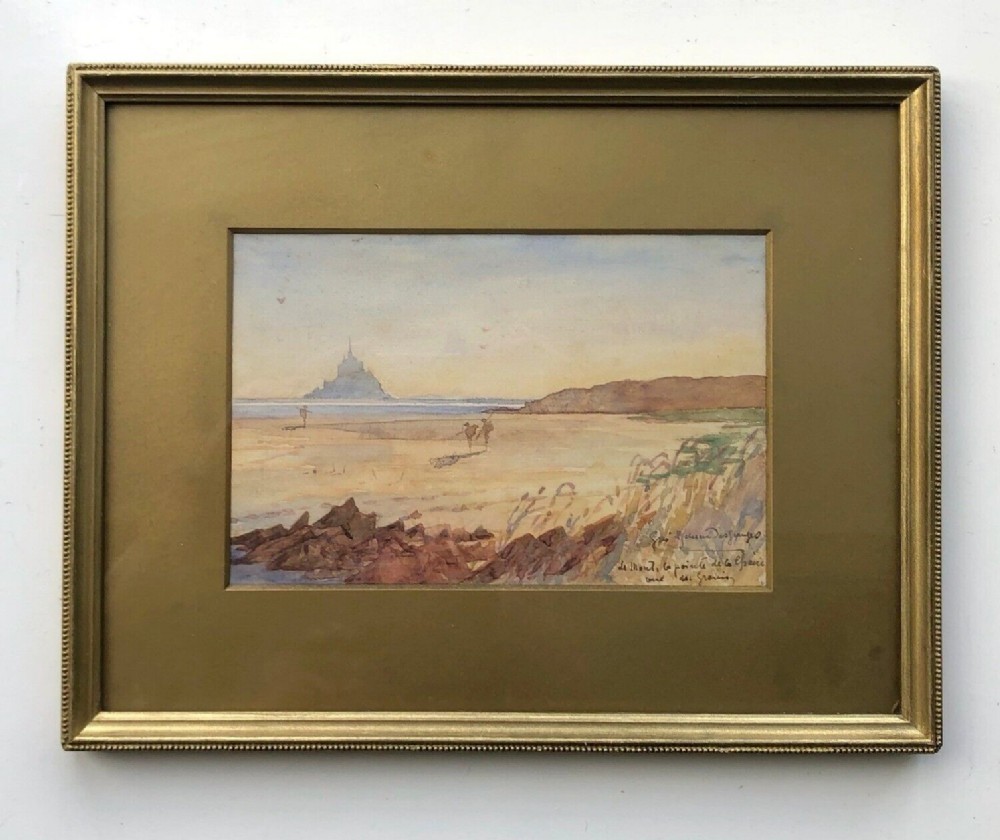Signed Original 19th Century Antique Watercolour Painting Mont-Saint-Michel French Landscape