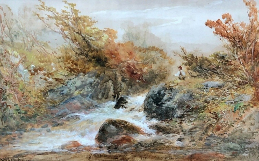 William Widgery Signed Original mid 19th Century Antique Watercolour Painting Fishing River English Landscape