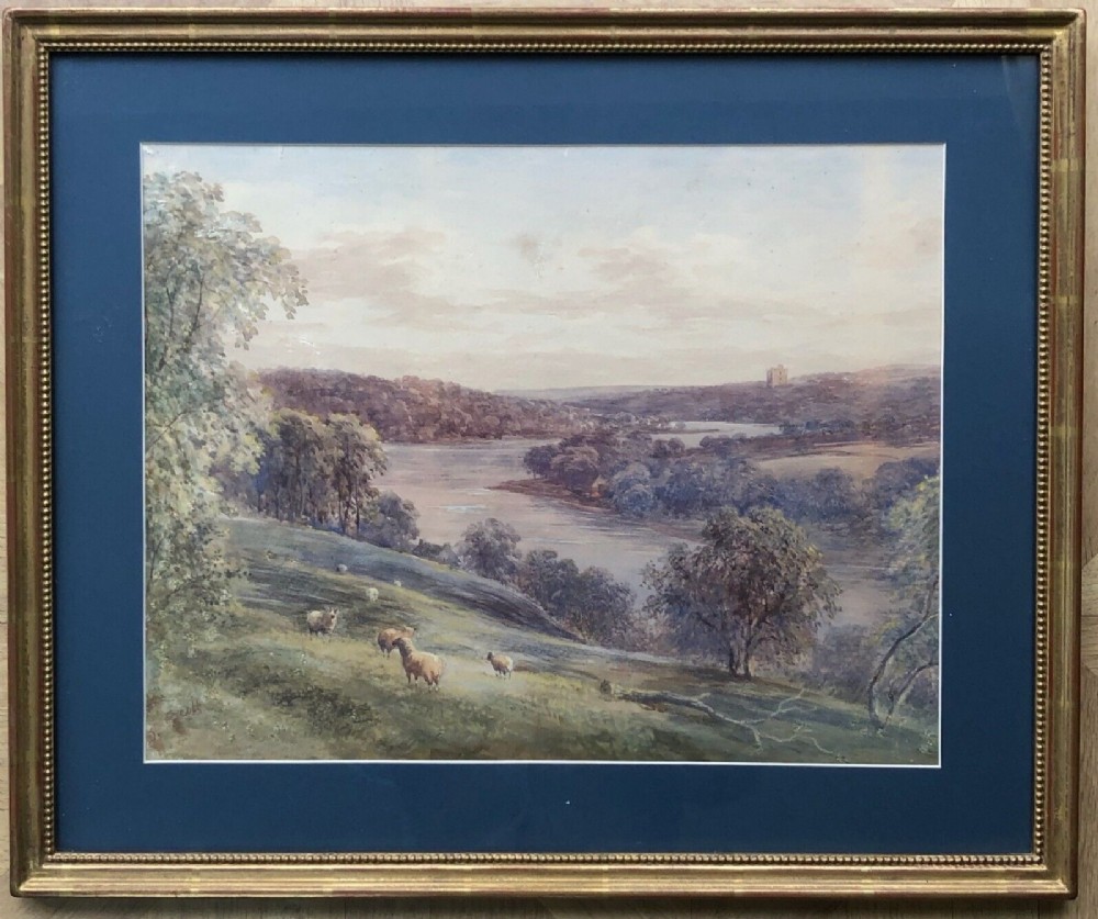 J Scott Signed Original 19th Century Antique Watercolour Painting Norham Castle & Cattle English Landscape