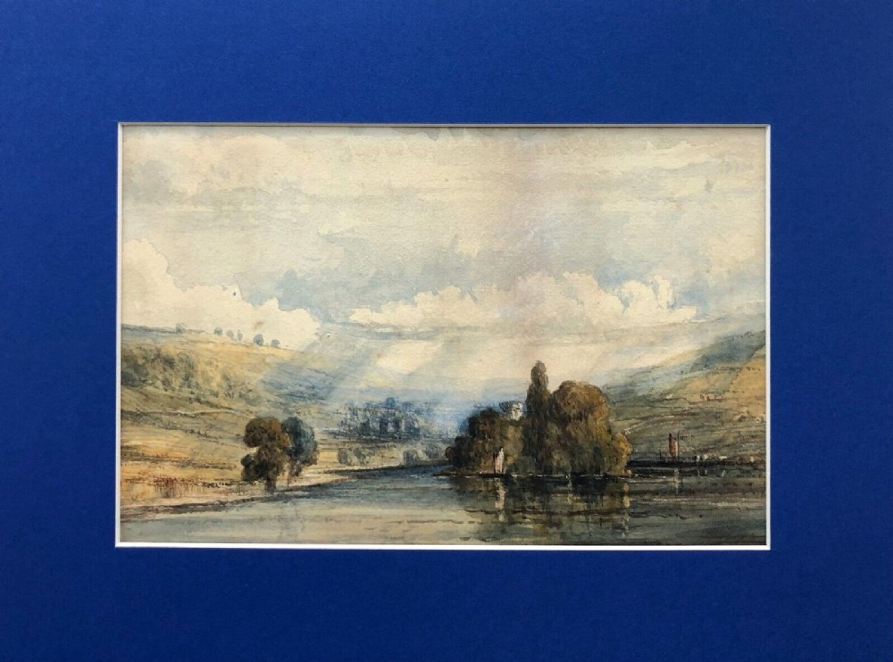English School Original 19th Century Antique Watercolour Painting River & Mountain Landscape