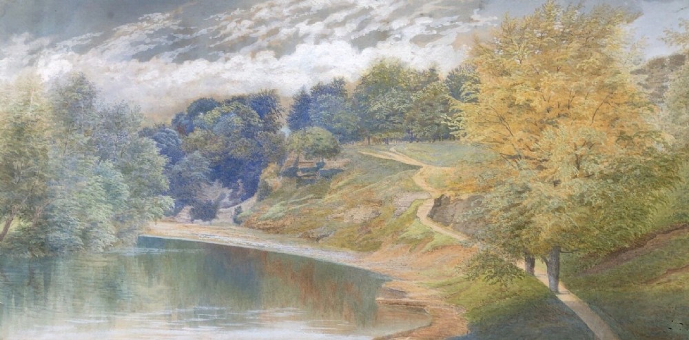 Circle of John Atkinson Grimshaw Large Original 19th Century Antique Watercolour Painting Roundhay Park & Lake, Leeds Victorian Landscape