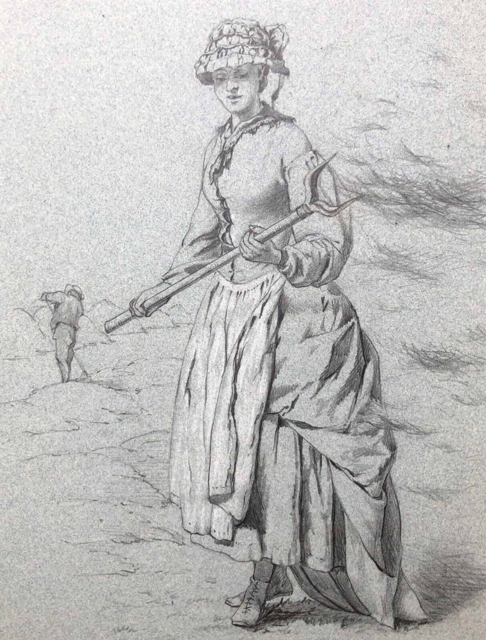 1876 Monogramed Signed English School Original 19th c Antique Pencil Drawing Portrait of a Lady Field Worker