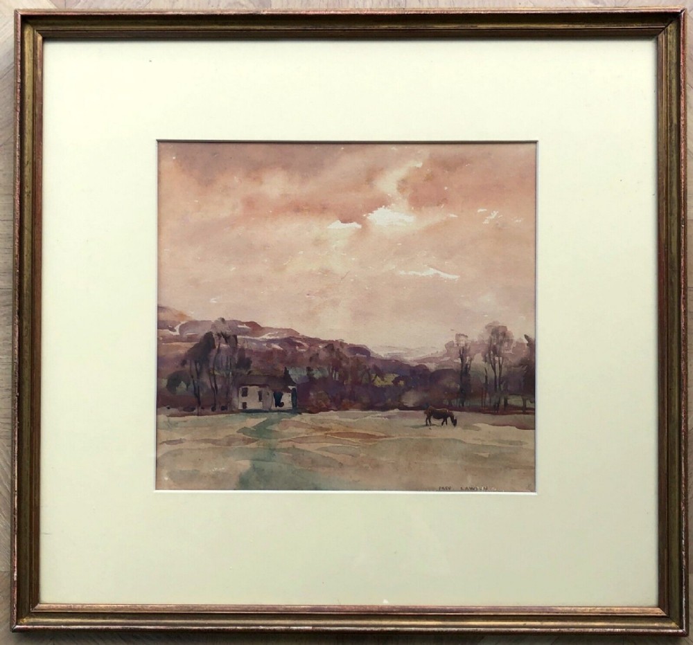 Fred Lawson Signed Original Antique Watercolour Painting Horse in Yorkshire Landscape