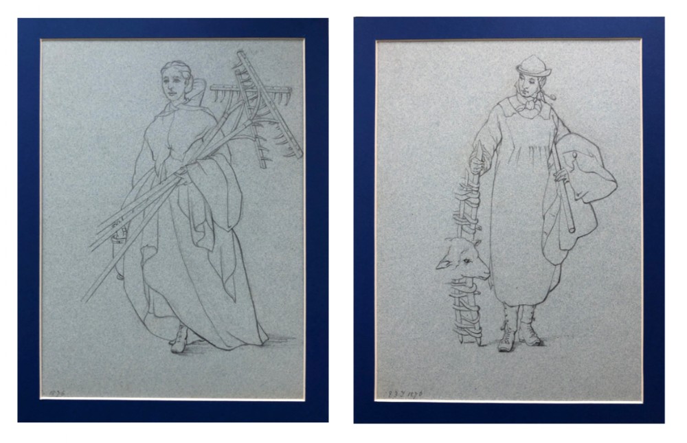 1876 English School Original 19th Century 2 x Antique Pencil Drawings Lady Field Workers Victorian Portrait Studies