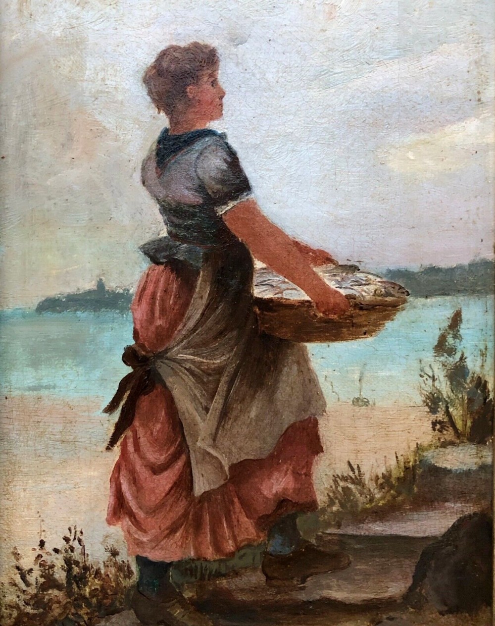 Signed J Morris (18)99 Original Antique Oil Painting on Canvas Fisher Woman with the Day's Catch English Seascape