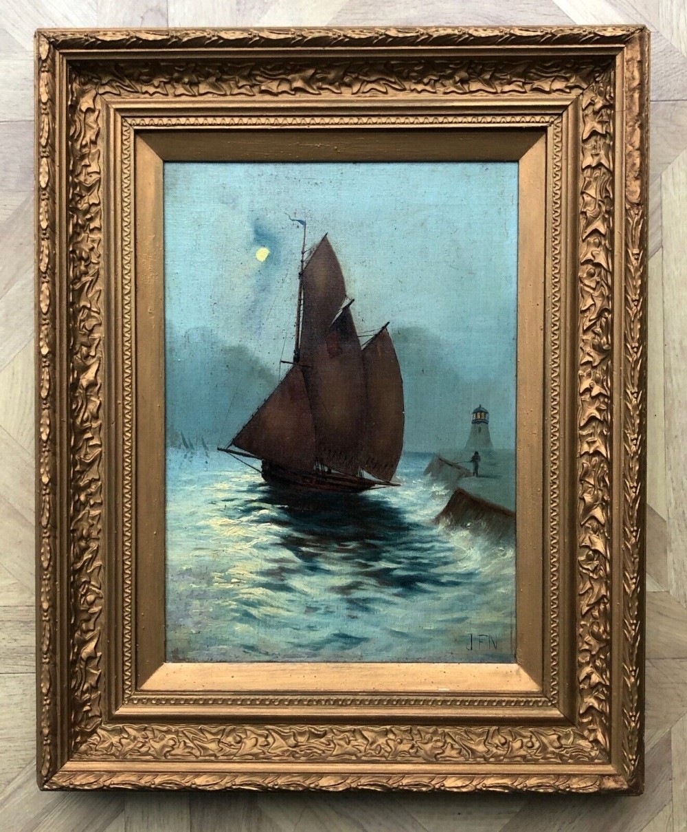Original Signed J F N 19th Century Antique Framed Oil Painting on Canvas Moonlight Harbour & Lighthouse Sailing Scene 2