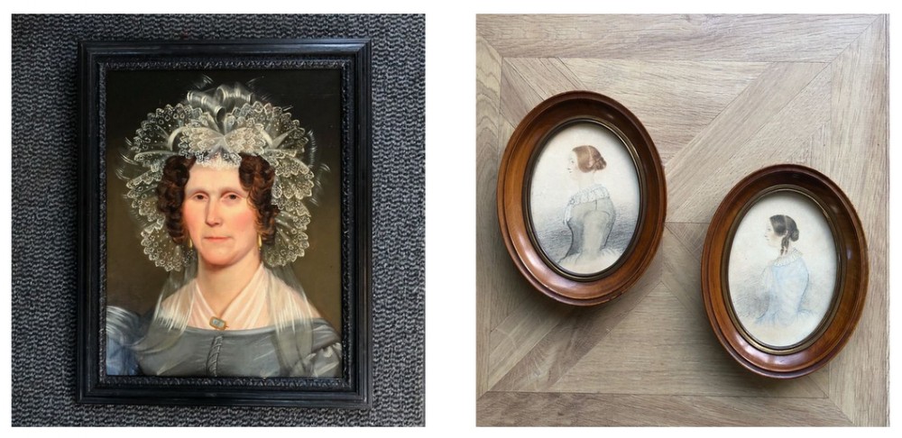 Original Early 19th Century Antique English Portraits, Oil Painting of Mrs Mary Watson & 2 Small Oval Watercolours of her Daughters