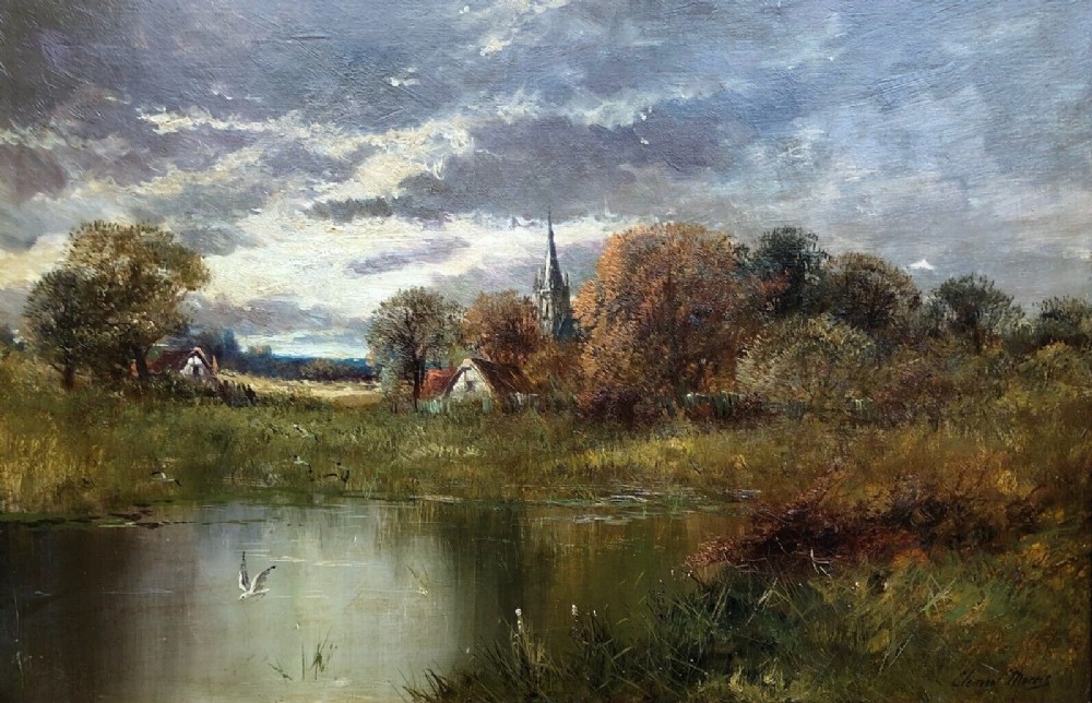 Clement Morris Signed Late 19th Century Original Antique Oil Painting on Canvas ''Clifton Hampden Church'' English Landscape
