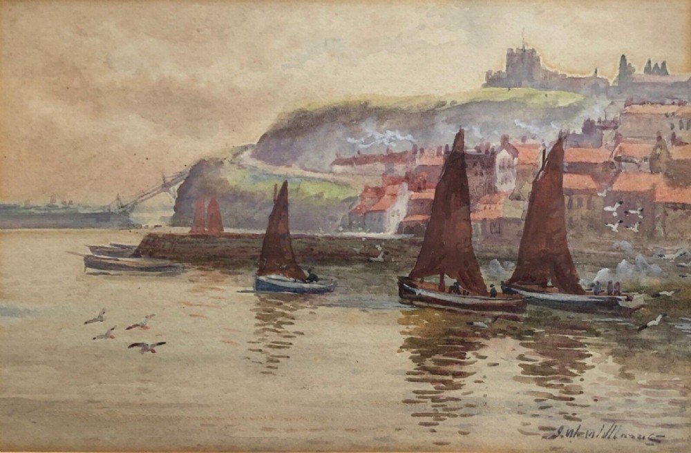 John Wynne Williams early 20th Century Original Antique Watercolour Painting Whitby Harbour , Abbey & St Mary's Church North Yorkshire Seascape