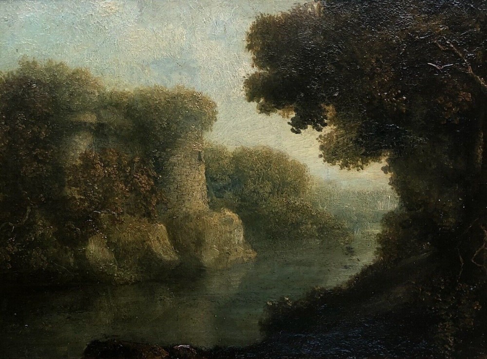 Attributed to James Arthur O'Connor Original 19th Century Irish Antique Oil Painting on Wood Panel River Landscape View with Stone Tower