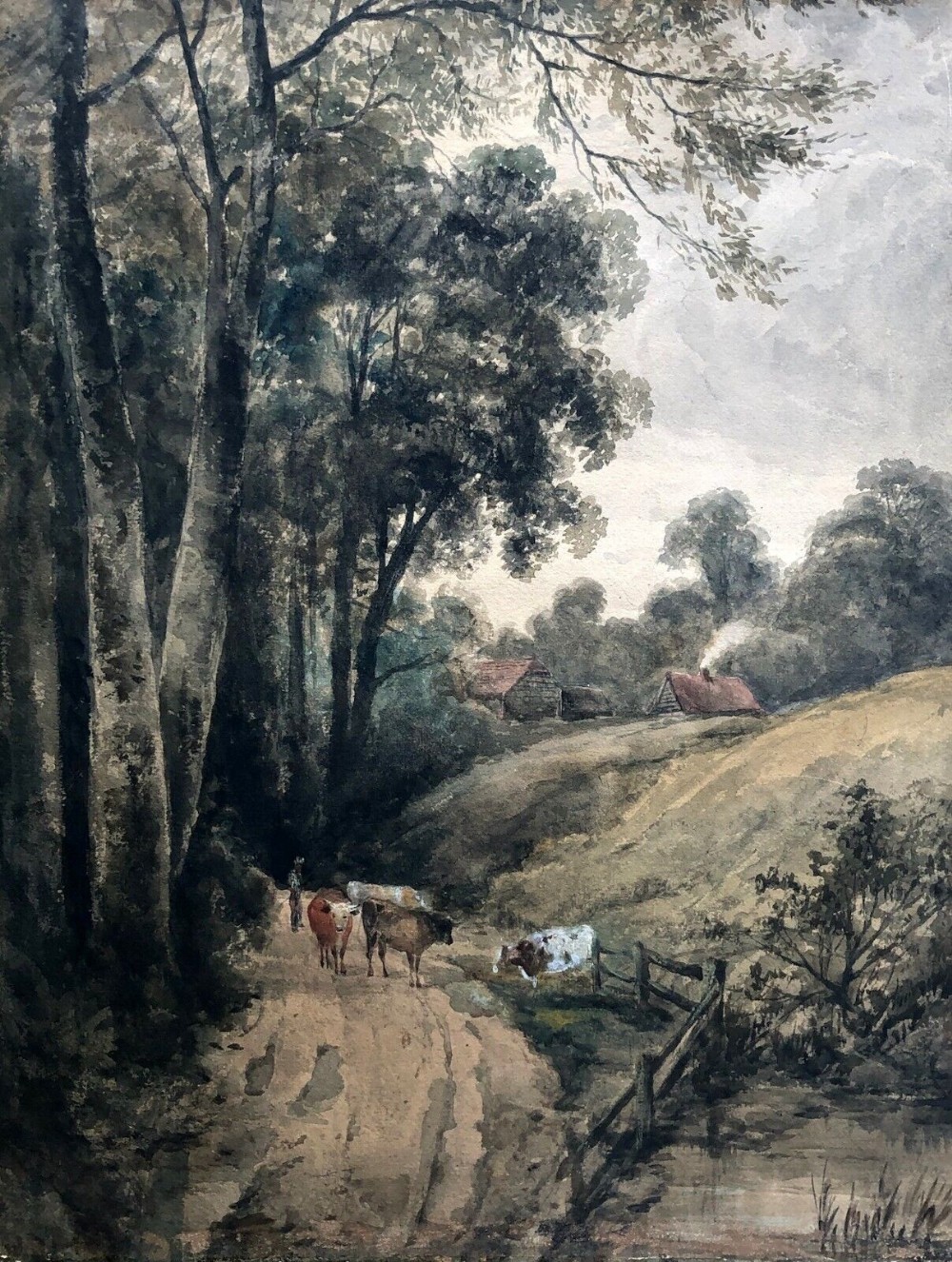 Attributed to David Cox Senior Original early 19th Century Antique Watercolour Painting Farm & Sheep Landscape, Wax Stamps verso