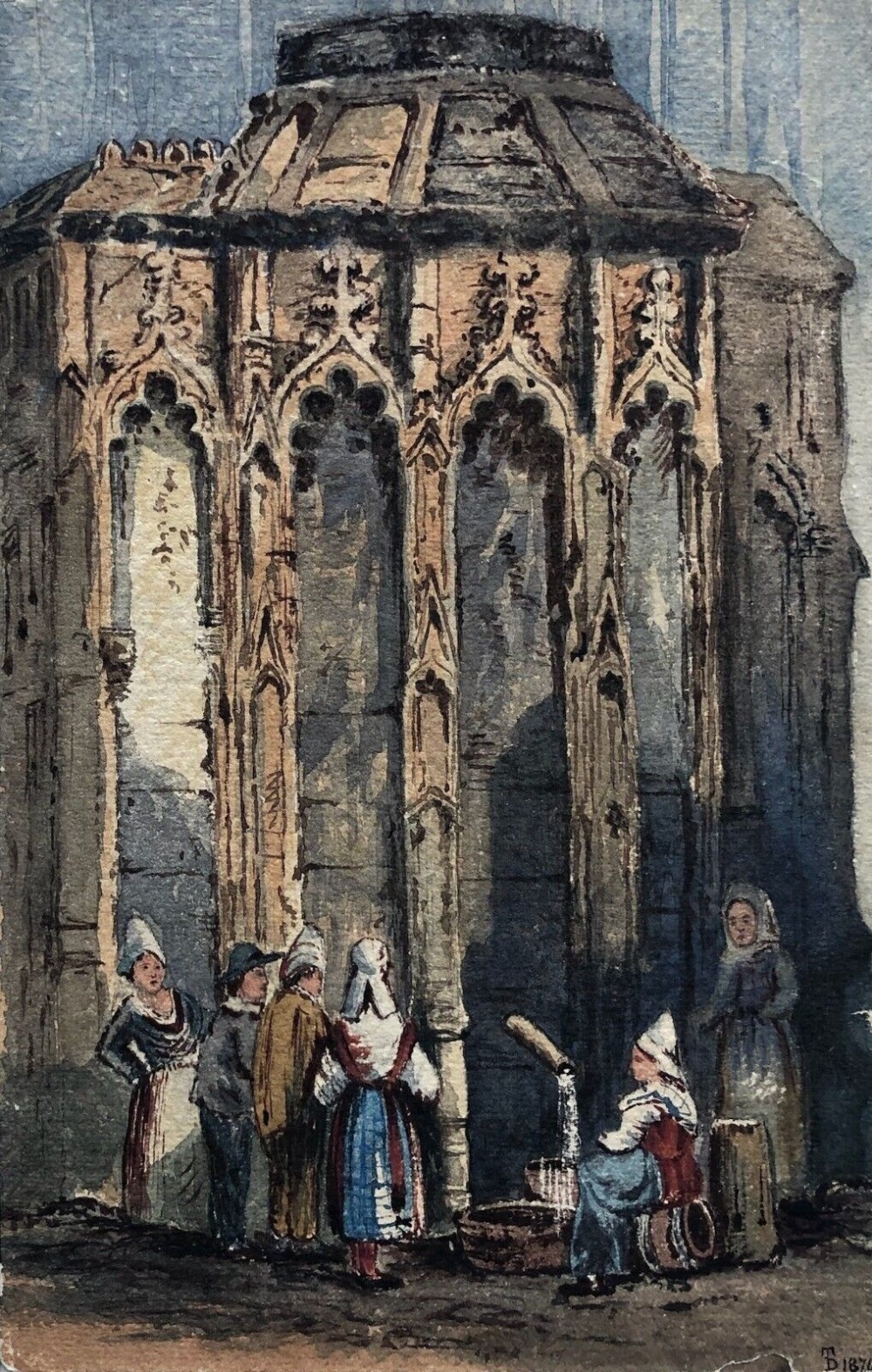 Thomas Dudley Monogrammed Original 19th Century Antique Watercolour Painting Figures at Fontaine in Rouen Historical Architectural Study
