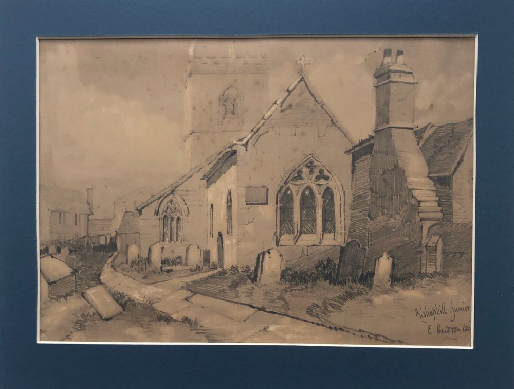 E Hudson 1861 Original 19th Century Antique Pencil Sketched Painting Study, Bishophill Junior Church, York Yorkshire Historical Landscape